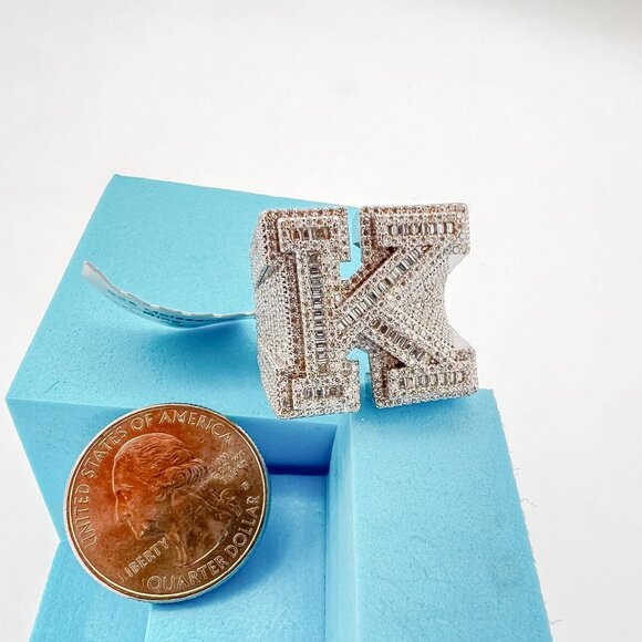 925 Sterling Sliver Moissanite Alphabet K Letter Ring, 4.05ctw VVS Stones Hip Ho - Picture 7 of 7